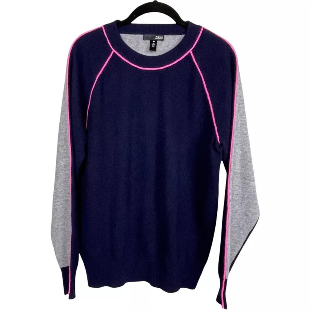 Aqua 100% Cashmere Sweater Size M Blue Gray Back Pink Piping Trim Pullover